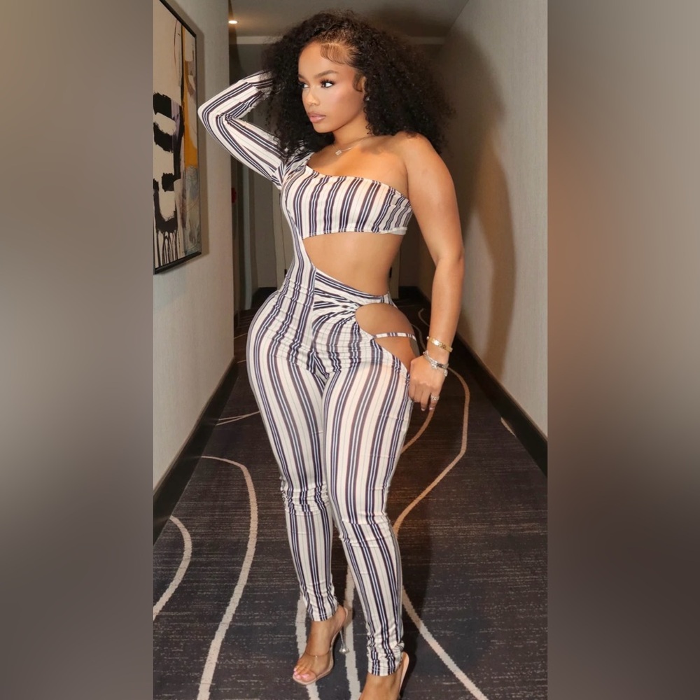 Elegant Black and White Striped Cut-Out Jumpsuit